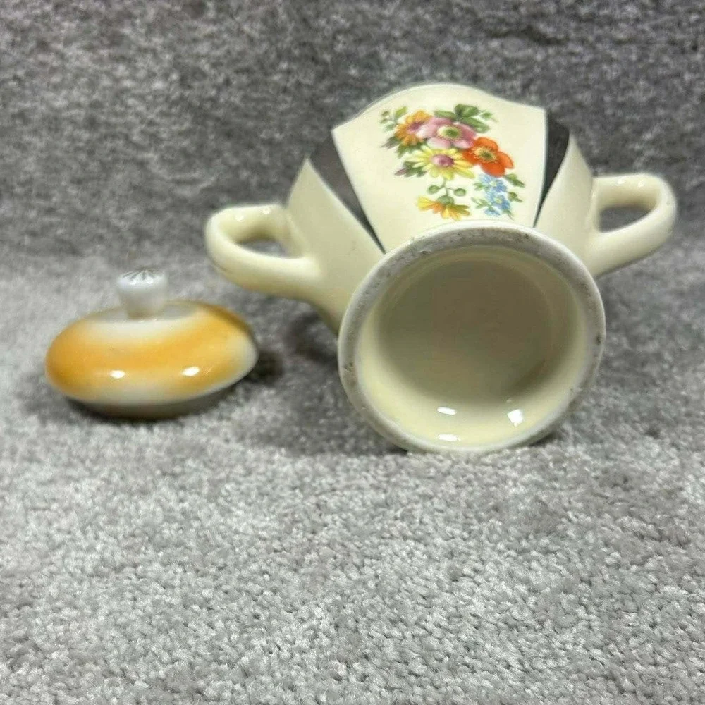 Sugar Bowl Cream Floral Silver Trim Vintage Double Handle Lid Small‎